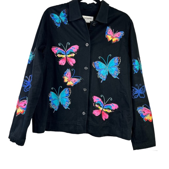 Easy Spirit Jackets & Blazers - Easy Spirit 100% Cotton Black Button Up Breaded Butterfly Jacket Women’s Size L